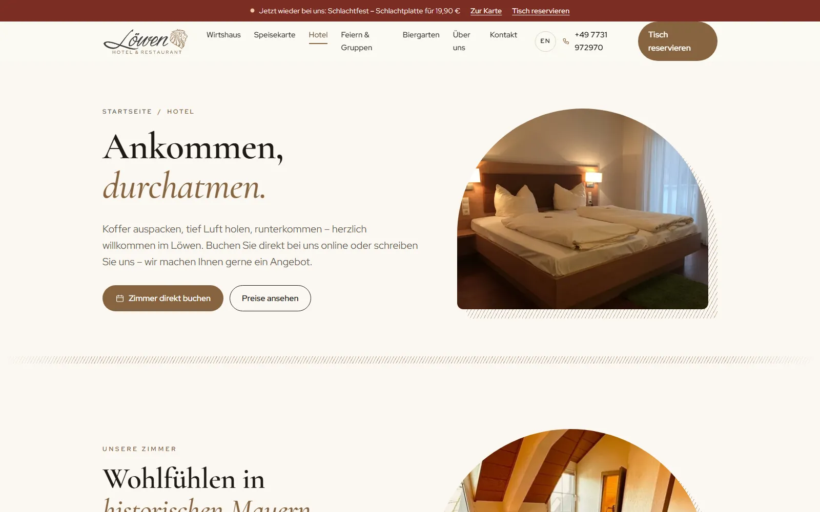 Hotelseite mit Zimmern und Buchung